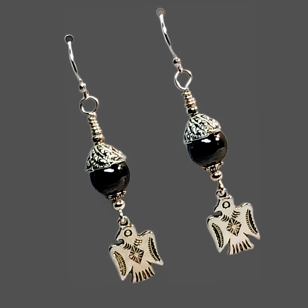 Thunderbird Hematite Beaded Sterling Silver Plated Earrings- Gift Boho Native